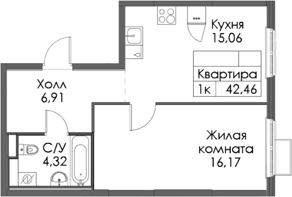 1-комнатная квартира 42.46 м², 10/12 эт., ЖК «Таллинский парк»